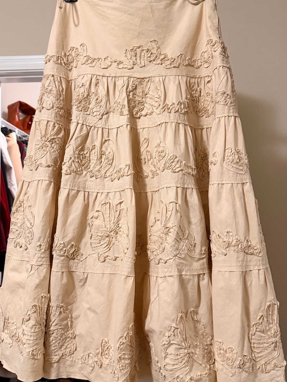 Wet Seal Cream Tiered Embroidered Maxi Skirt